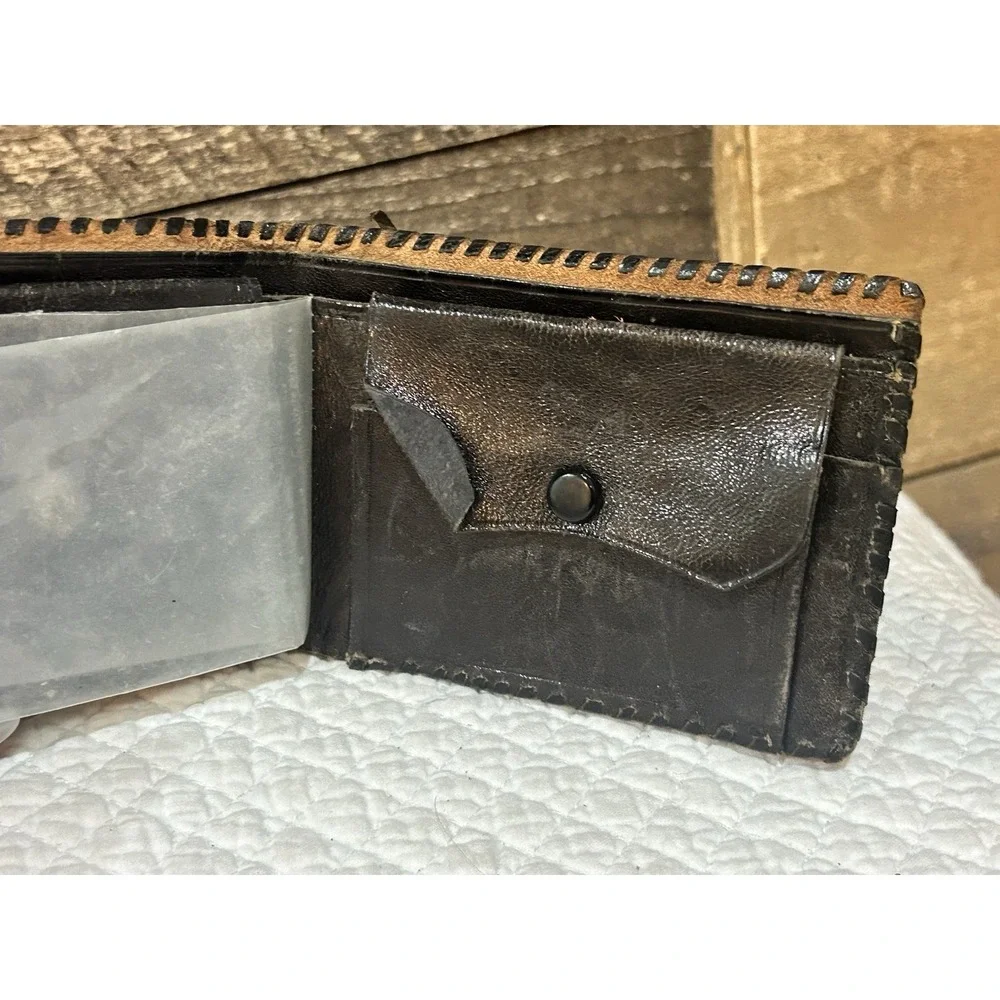 VTG Tooled Leather Wallet Mens Black Bifold Floral Embossed Western Braided Edge